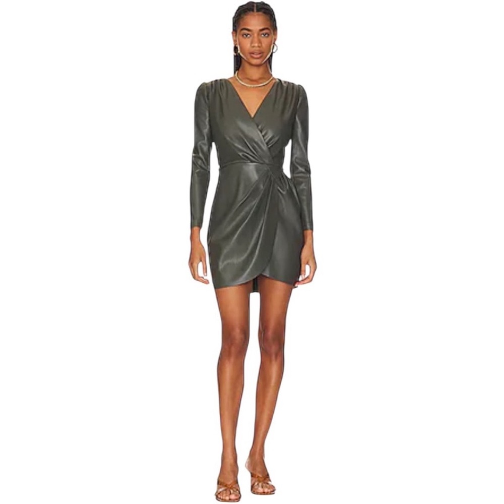 Saylor Veronicka Wrap Long Sleeve Chic Green Leather Mini Dress XS